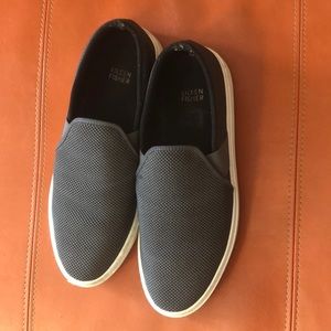 Eileen Fisher canvas-like slip-on. They are dark grey, size 9.